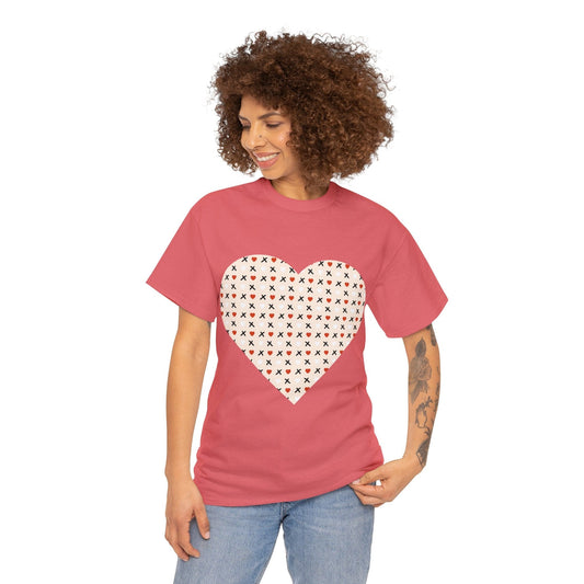 Red & White Hearts Love Pattern T-shirt: Cozy Elegance for Winter Days