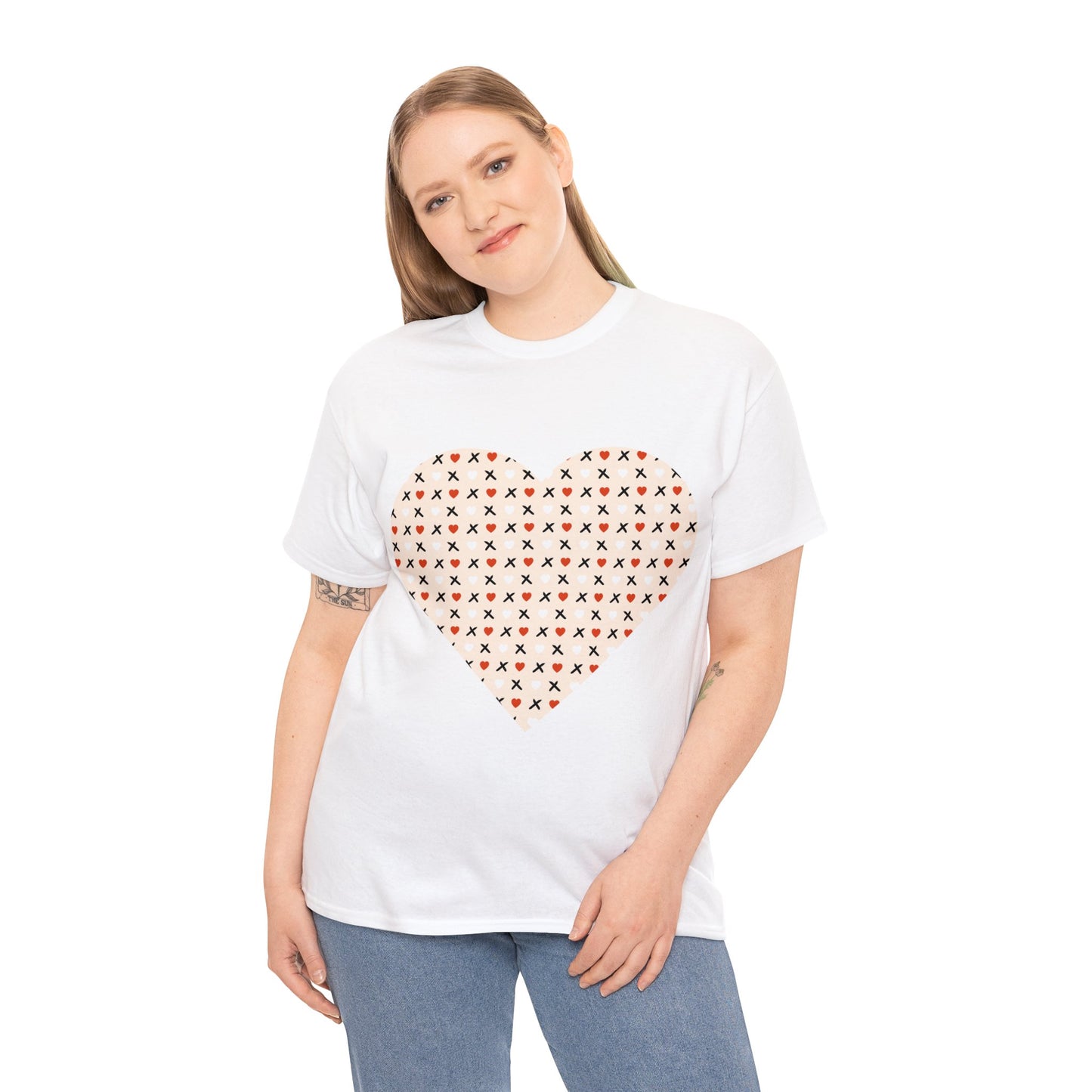 Red & White Hearts Love Pattern T-shirt: Cozy Elegance for Winter Days