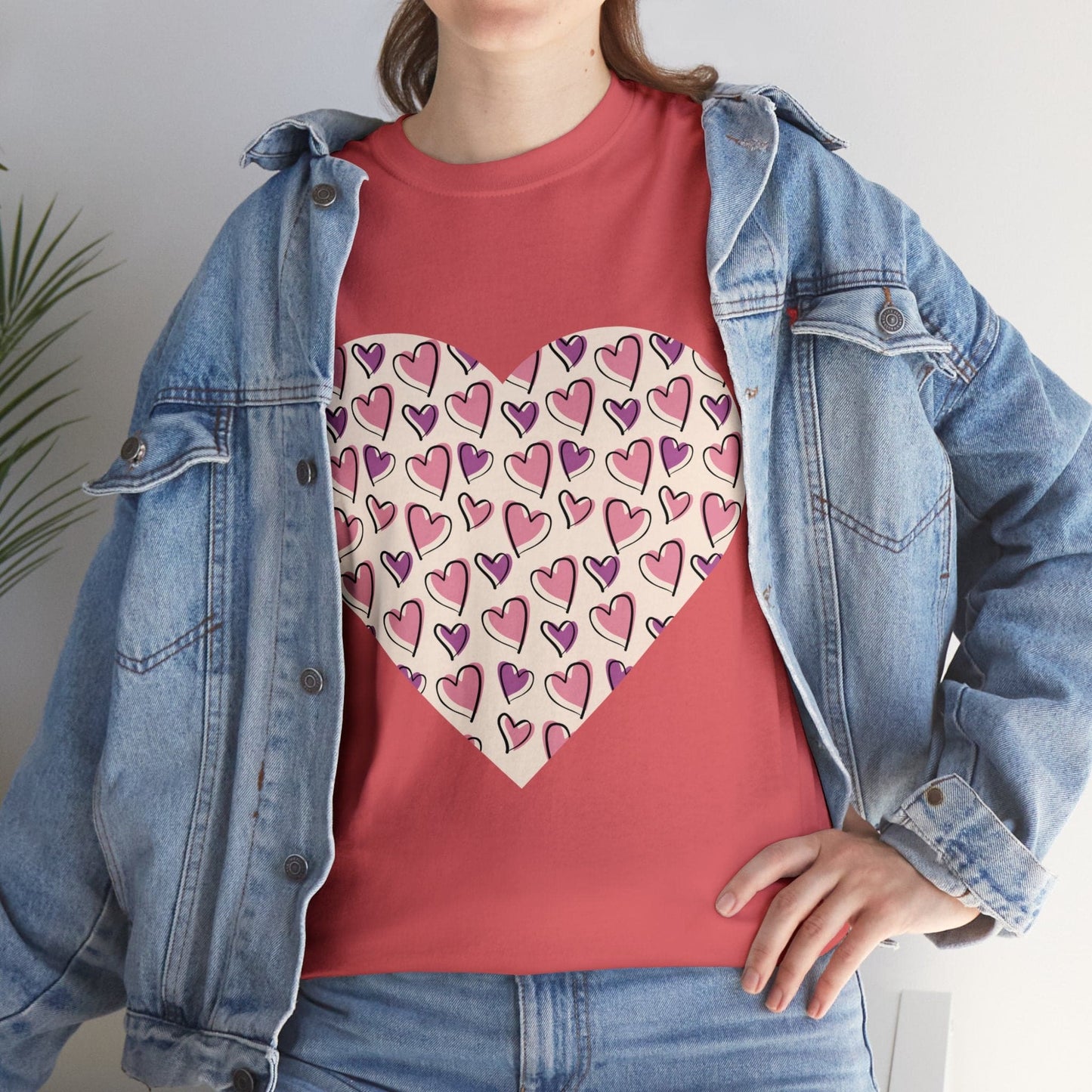 Lavender & Pink Heart Outline T-shirt: Express Love with Subtle Elegance