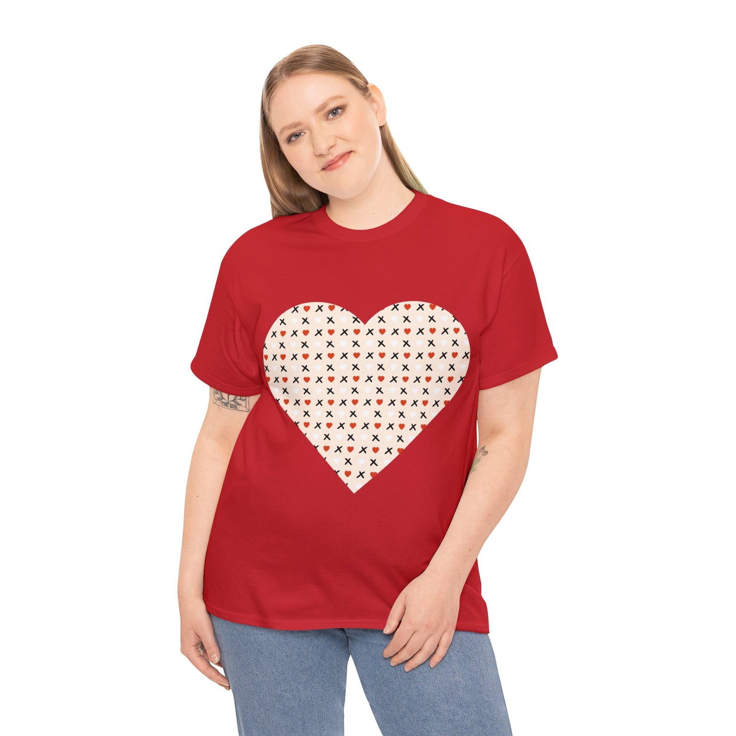 Red & White Hearts Love Pattern T-shirt: Cozy Elegance for Winter Days