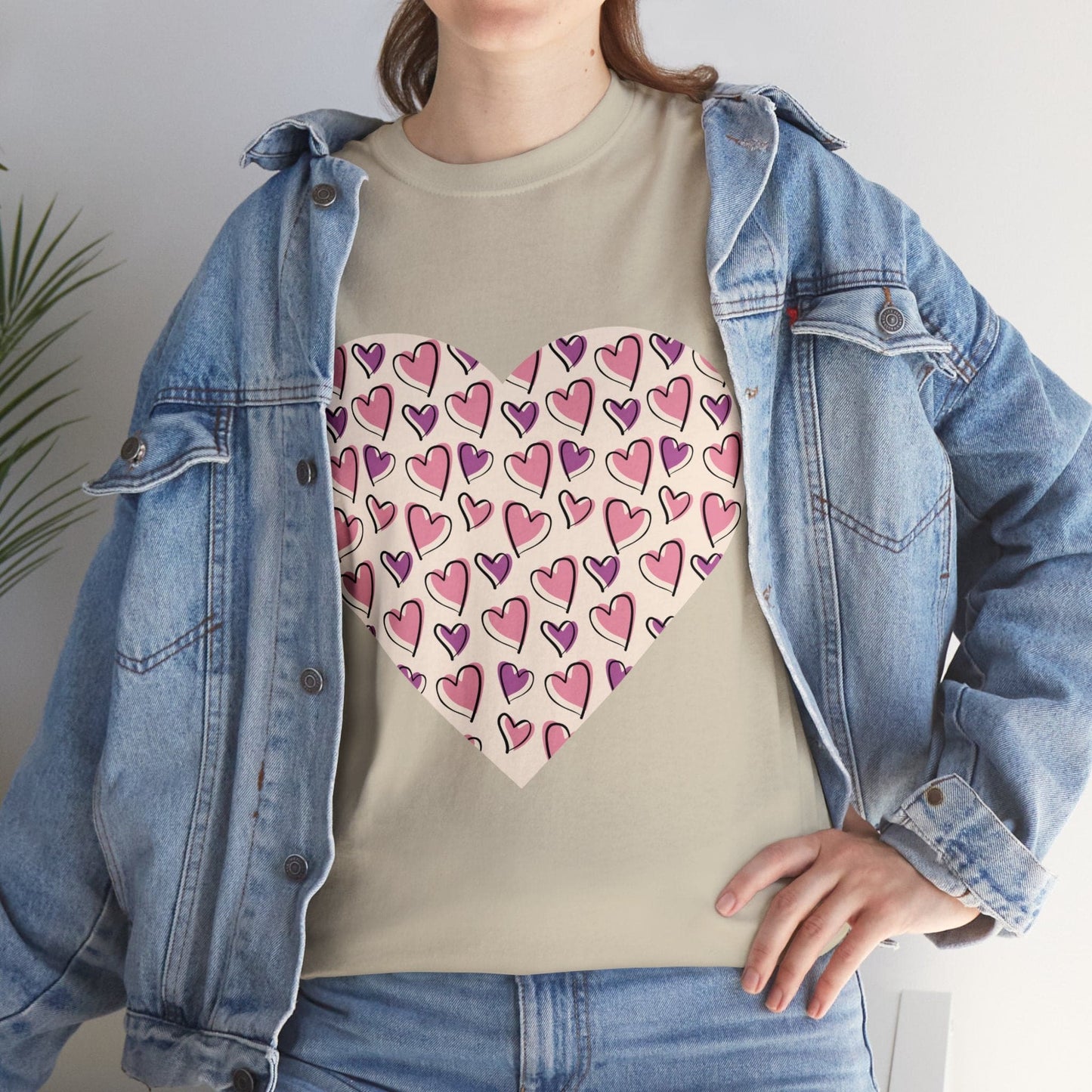 Lavender & Pink Heart Outline T-shirt: Express Love with Subtle Elegance