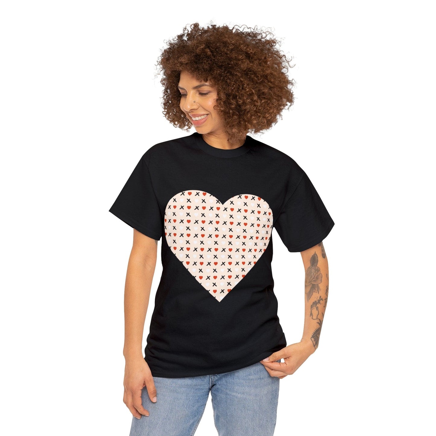 Red & White Hearts Love Pattern T-shirt: Cozy Elegance for Winter Days