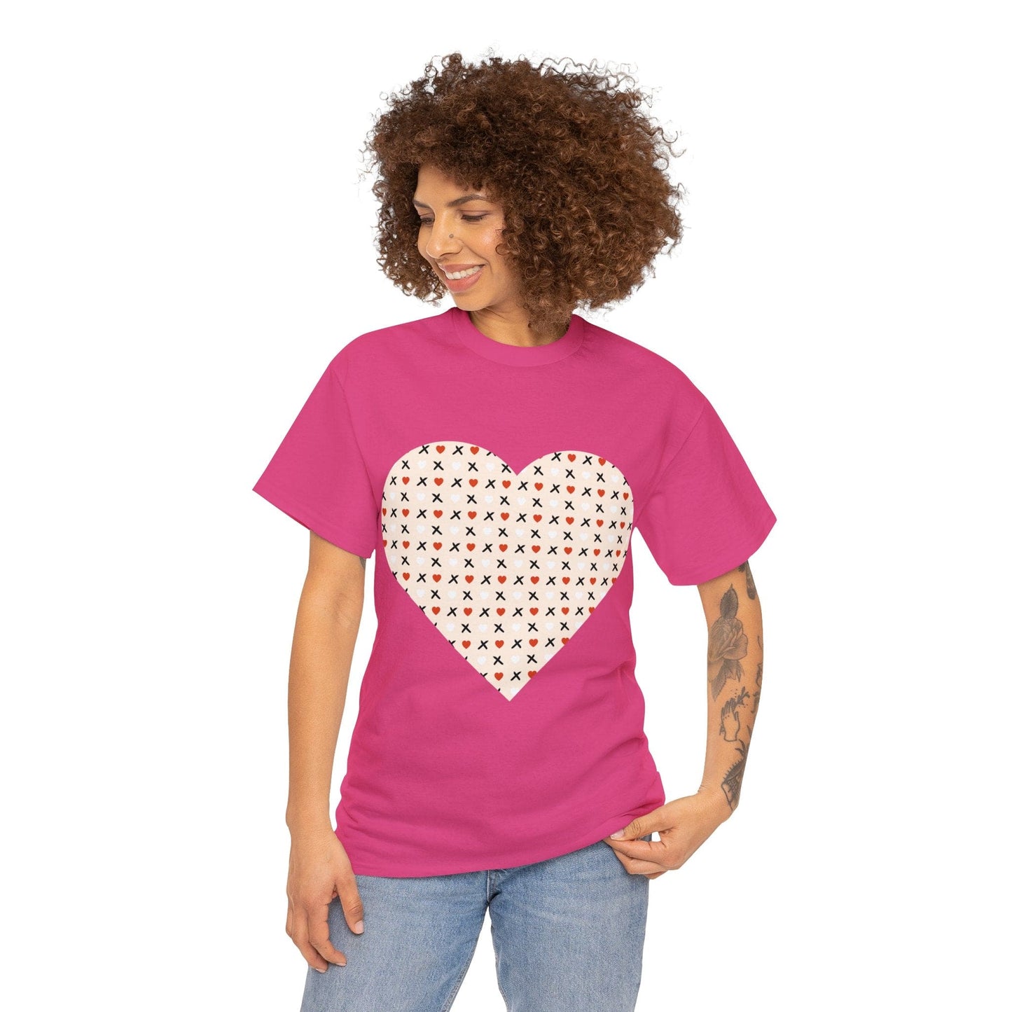 Red & White Hearts Love Pattern T-shirt: Cozy Elegance for Winter Days