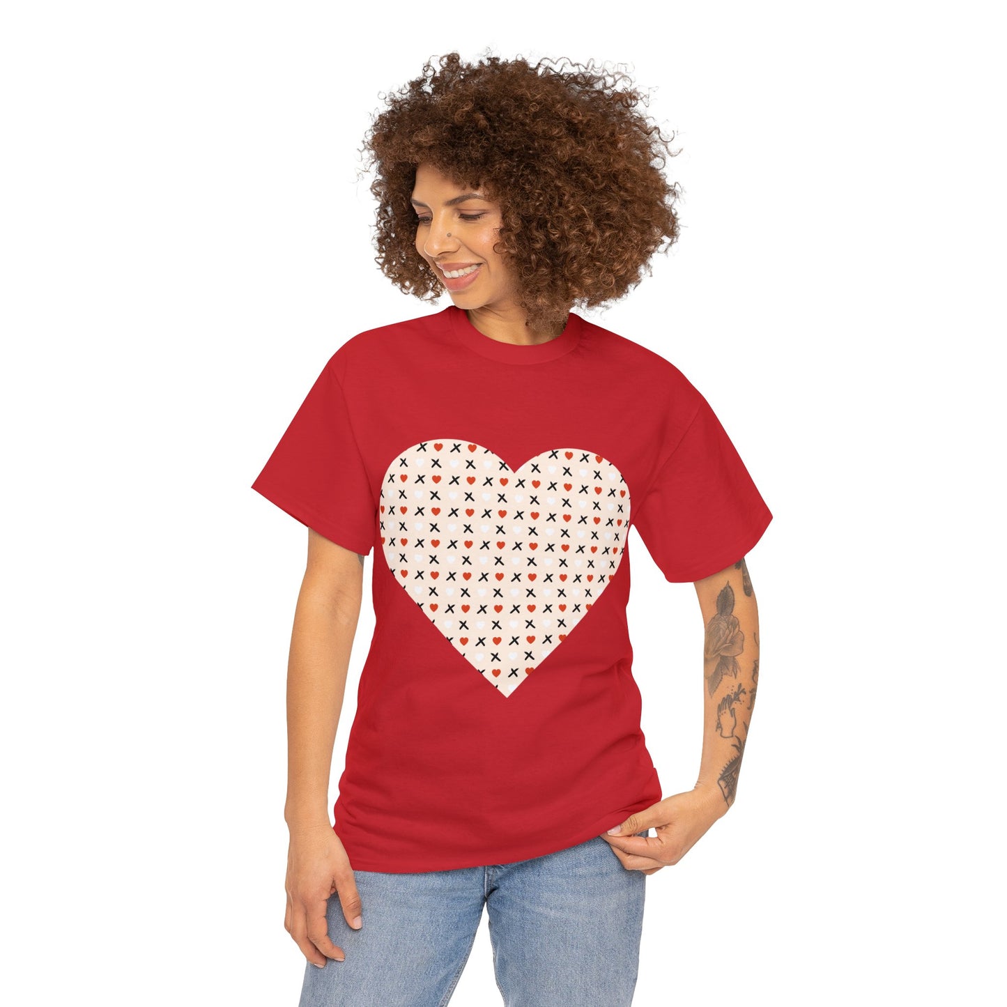 Red & White Hearts Love Pattern T-shirt: Cozy Elegance for Winter Days