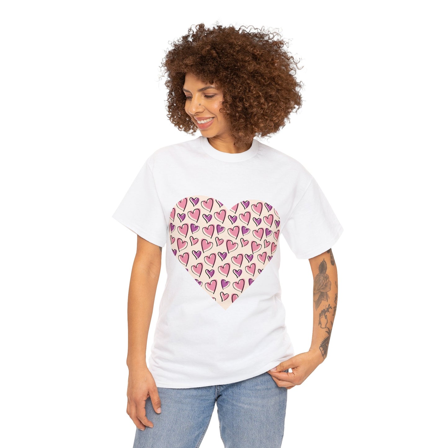 Lavender & Pink Heart Outline T-shirt: Express Love with Subtle Elegance