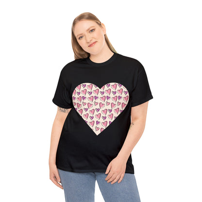 Lavender & Pink Heart Outline T-shirt: Express Love with Subtle Elegance