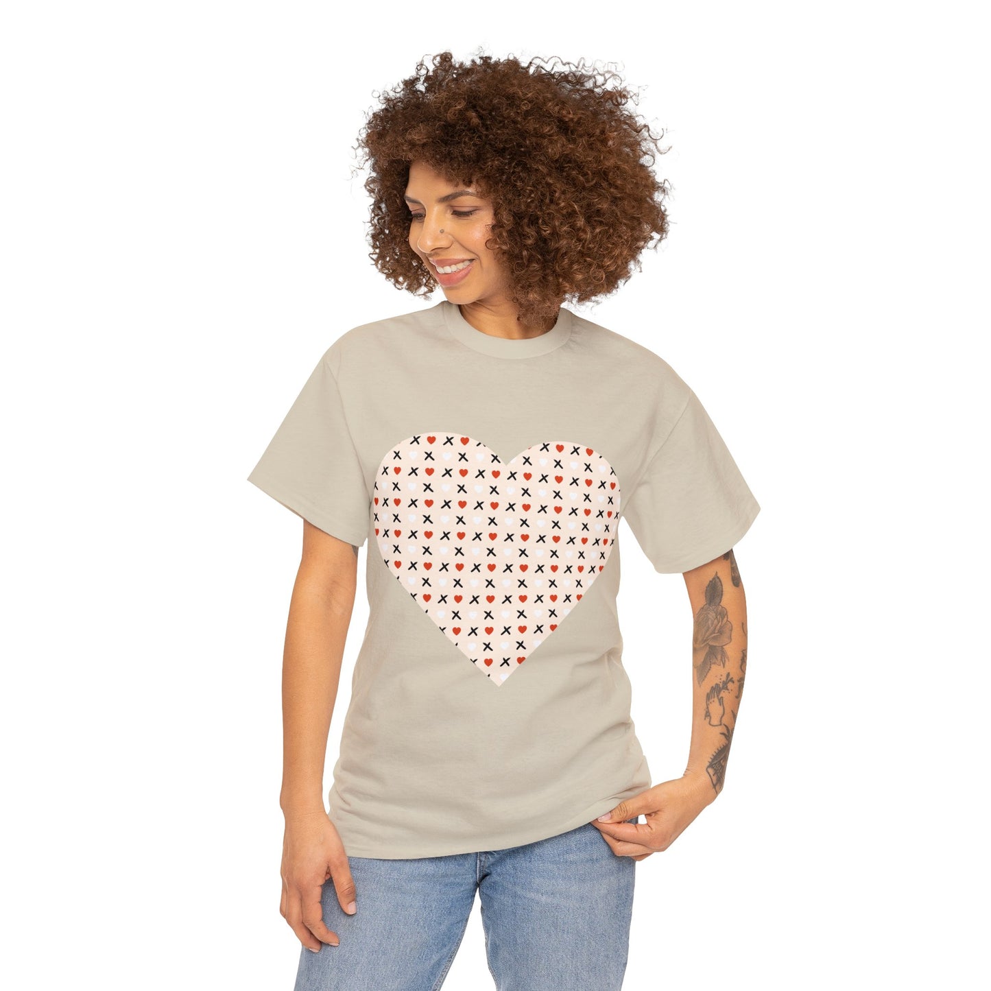 Red & White Hearts Love Pattern T-shirt: Cozy Elegance for Winter Days