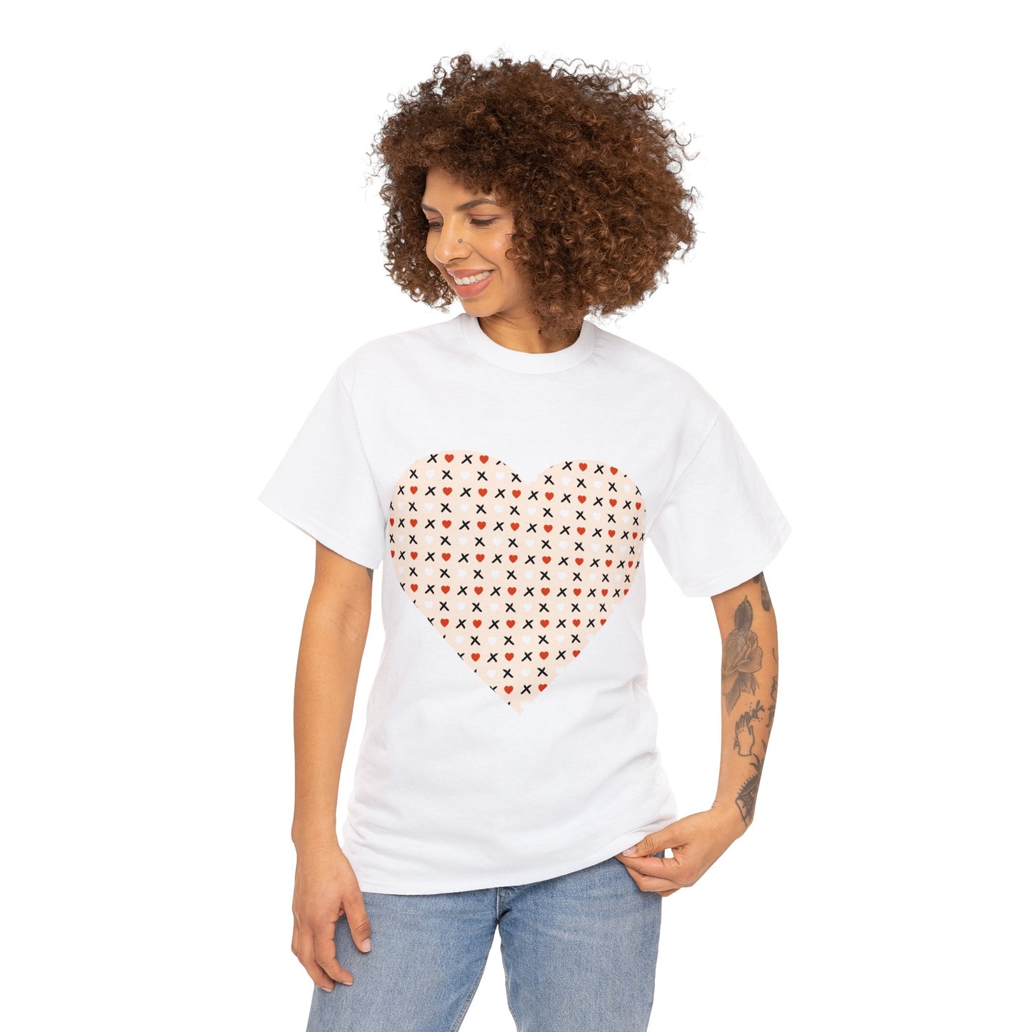 Red & White Hearts Love Pattern T-shirt: Cozy Elegance for Winter Days